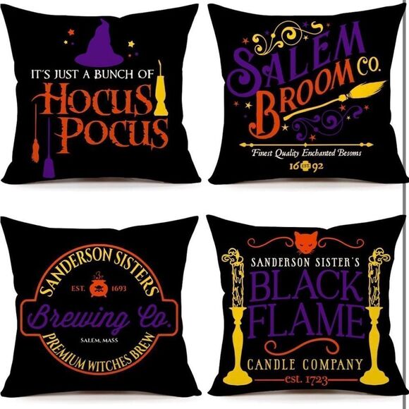 Halloween Decor Pillow Covers 18x18 Set Of 4 Halloween Decorations Hocus - Picture 1 of 6